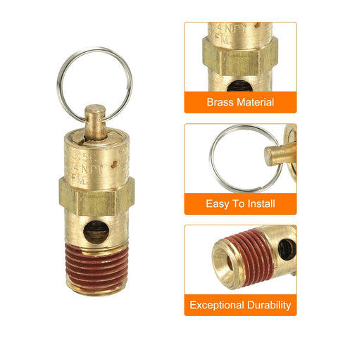 PATIKIL 1/4 in. male NPT brass safety valve with ring for air compressors, 165 PSI set