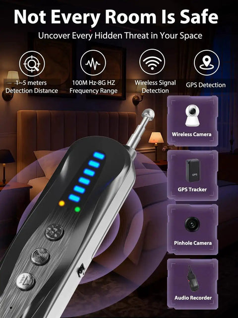 Infrared Pin Hole Camera Finder And Wireless Detector device with LED indicators and telescopic antenna in a bedroom setting.