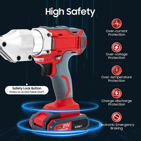 36V Corded Metal Shears With Variable Speed And Swivel Head For Sheet Metal Cutting, showing safety features in red casing.