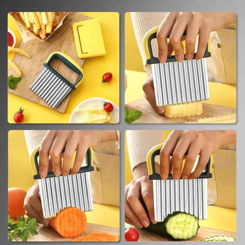Hands using 2 Piece Crinkle Cutter Set Stainless Steel Veggie Slicer For Potatoes Carrots And More Waffle Fries Chip Cutter French Fry Chopper Kitchen Gadget For Quick Healthy Dishes Easy Prep And Clean Up on vegetables