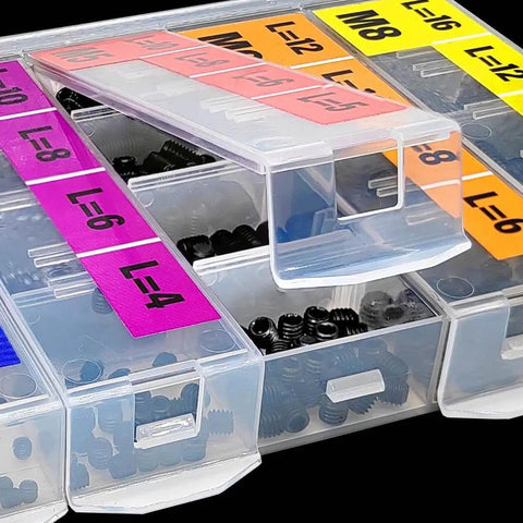 707 Piece Internal Hex Drive Cup Point Set Screw Kit With 24 Metric Sizes M2 Through M8 In Black Finish Alloy Steel 12 9 Class Grub Screws Includes Hex Key Wrench For Quick Securements And Precise Tension visible in labeled organizer box