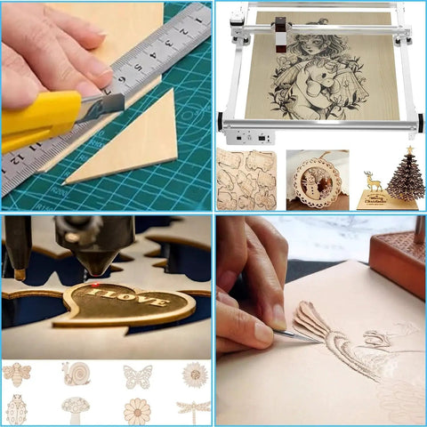 Collage of DIY projects using 18 Pack Selected Basswood Sheets for Crafts 5 by 7 by One Sixteenth Inch 1.5mm Thick Unfinished Wood Boards.