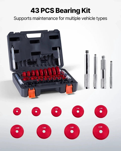 Bearing Press Kit 43 Pcs Bearing Race And Seal Driver Set with red bushings, tools, and storage case, shown open
