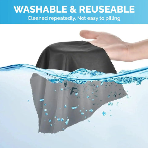 Microfiber Cloths Six Pack 6x7 Inch Lint Free Lens Screen Cleaners for Glasses shown being washable and reusable.