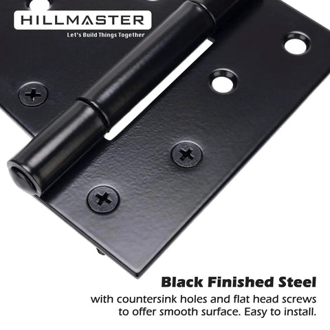 Close-up of black finished steel 3.5 Inch Heavy Duty Gate Hinges with flat head screws for indoor outdoor use