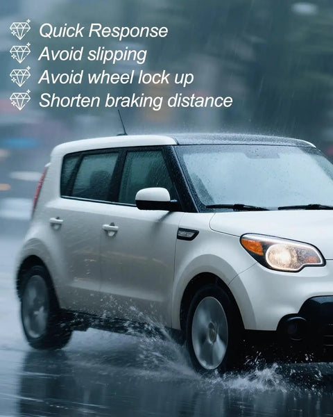 Front-right view of a white Kia Soul-style compact SUV driving in the rain.