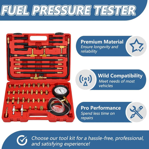 Fuel Injection Pressure Tester Kit With Gauge 0 To 140 PSI And Fittings in red case with assorted adapters and gauge