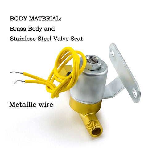 4040 Humidifier solenoid valve front view with brass body, yellow wires, mounting bracket