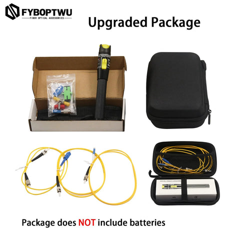 FyBOPTWU fiber optic kit: VFL flashlight, FC-LC adapter, LC/SC/ST/FC coupler, 3 yellow patch cords, dual cases