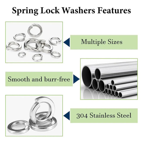SAE Spring Lock Washers Assortment Kit 910 Pack With Nine Sizes In 304 Stainless Steel For Screws And Bolts, features multiple sizes