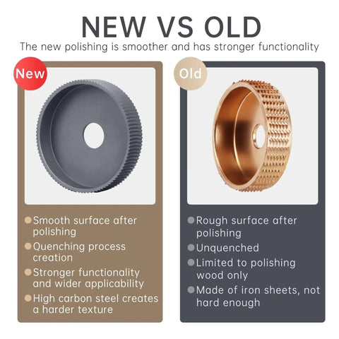 Comparison of new and old multi purpose wood carving disc showing smoother surface and higher functionality of new disc.