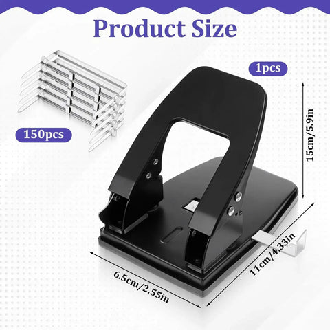 Heavy Duty Two Hole Punch With 150 Paper Fasteners For Office Files And Folders, Punches Up To 30 Sheets Per Use, Padded Handle, Black Finish
