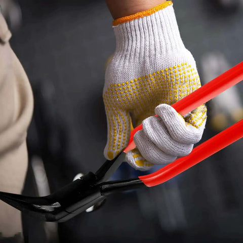Close-up of a hand using Pro Grade Manual Sheet Metal Bender Pliers with carbon steel construction for roofing and HVAC projects.
