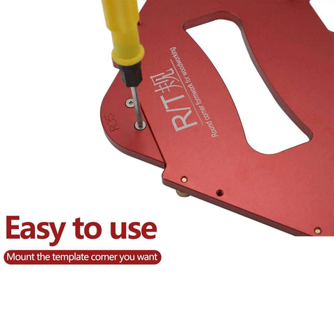 Close-up of a Heavy Duty Aluminum Router Jig Set for Table Edge Corner Trimming, featuring an R5 radius template in red anodized finish.