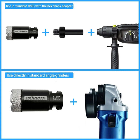 Dry Diamond Core Drill Bits One And Three Eighths Inch Tile Hole Saw for Porcelain Ceramic Tile Marble Brick shown with adapters and tools