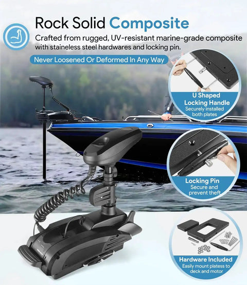 No Fuss Quick Release Bracket MKA21 For Terrova Ulterra PowerDrive Riptide ST SP Pontoon Deckhand 40 Trolling Motors Mount Easy Install Durable Mounting Bracket For Freshwater And Saltwater, showing components and installation steps.