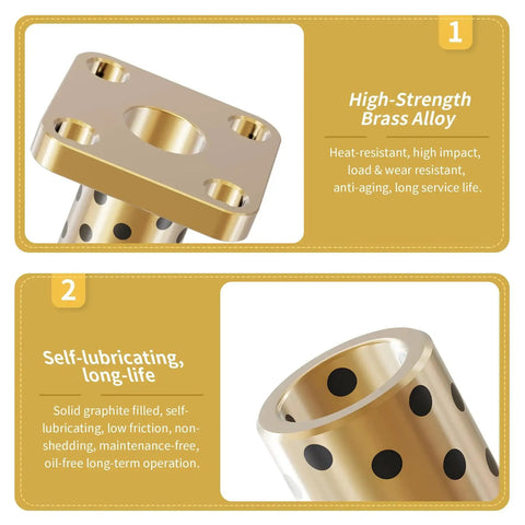 Two Pieces Brass Graphite Wrapped Oilless Sleeve Bearings Square Flanged Bushing With 8mm ID, showing high-strength brass alloy and self-lubricating features.