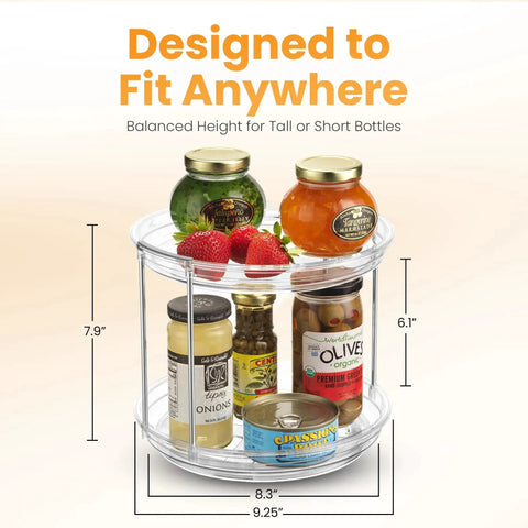 Two Tier Clear Lazy Susan Organizer With Smooth Silent Spin Turntable For Spices And Pantry Storage Your Go To Spice Rack On Kitchen Cabinets Countertops Bathrooms And Dining Tables From Oizeir showcasing assorted jars and cans.
