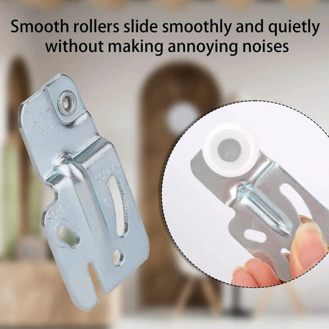 Close-up of Eight-Piece Sliding Closet Door Roller Hardware Kit with top hung bypass mount, focusing on metal roller component.