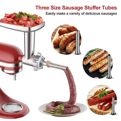 Metal Meat Grinder Attachment For KitchenAid Stand Mixers With Four Grinding Plates Two Grinding Blades And Three Sausage Tubes making sausages