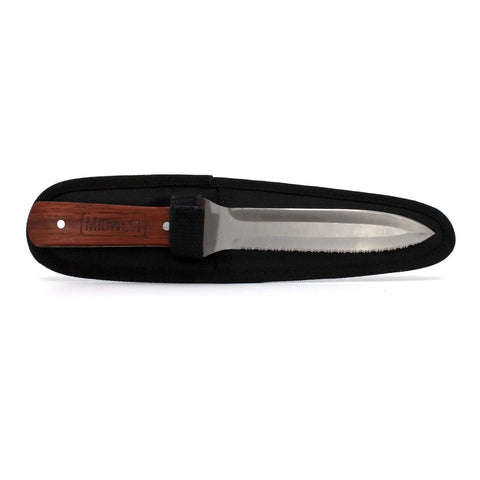Flex Duct Knife with 5 Inch Stainless Blade, contoured wooden handle, nylon sheath, built for tough HVAC ductwork, full tang durability.