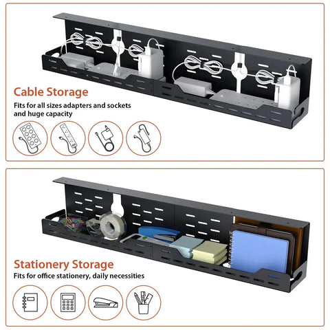Under Desk Cable Management Tray 32 inch Steel Cord Organizer No Drill C Clamp and Screw Mount showing cable and stationery storage.