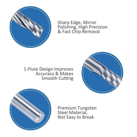 10 Pack O Flute CNC Router Bits For Fast Engraving And Milling HQMaster Pro Grade One Eighth Inch Shank Spiral Upcut Single Flute End Mills Tungsten Carbide Engraving Tool For MDF Acrylic PVC Wood Board features and design details.