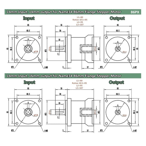 Technical drawing of Planetary Gearbox Motor Reducer 86mm Stepper Gearbox for Textile Machines showing 14mm input/output details