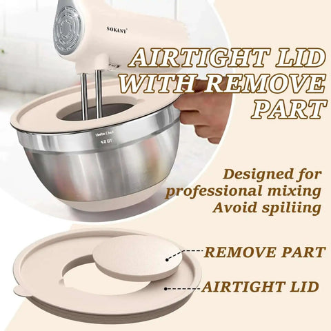 Airtight lid with remove part on 4 Qt stainless steel mixing bowl, part of Eight Piece Khaki Stainless Steel Nesting Mixing Bowls With Airtight Lids.