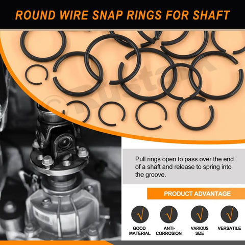 150Pcs 10 Size 65Mn Steel Round Wire Snap Rings Set For Shafts C Clips Internal Retaining Rings displayed in set with installation view