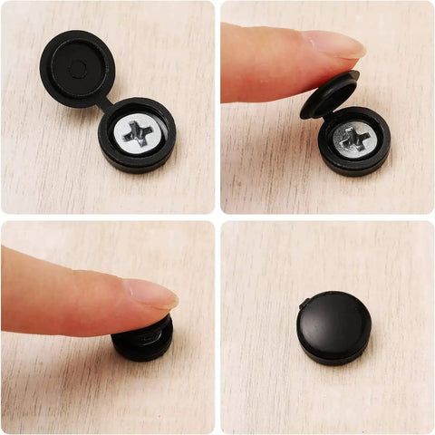 100 Piece Hinged Plastic Screw Cover Caps Set With Shutter Fold Snap Covers And Washers, Flip Top Caps For Large Black Screws