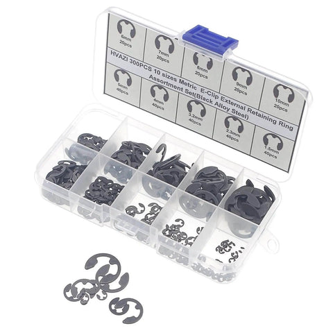 External Retaining Ring E Clip Assortment Kit With 300 Pieces In Ten Metric Sizes From 1.5mm To 10mm Black Alloy Steel Circlips