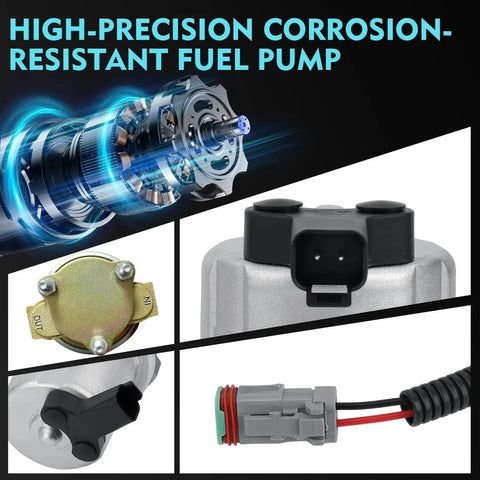 12V Diesel Fuel Pump For Ram 2500 3500 Pickup 1997 1998 1999 2000 2001 2002 5.9L Cummins Turbo Diesel Direct Replacement Plug And Play OEM Compatible With 100 Percent OE Matched Connectors No Cutting Needed, showing corrosion-resistant components and connectors.