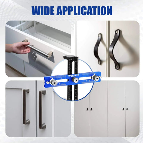 Aluminum Cabinet Hardware Jig With 4mm Drill Guide used on cabinets with handles and knobs in various applications.
