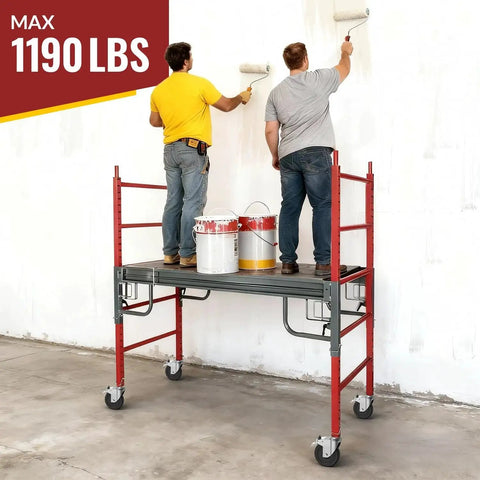 Two men standing on scaffold with 5 Inch Scaffolding Caster Wheels Set Of Four With Dual Locking Swivel Casters And One And A Quarter Inch Square Stem For Stainless Steel Scaffold Tubes Heavy Duty Replacement Castors 1190 Lb Load Capacity Industrial Grade.