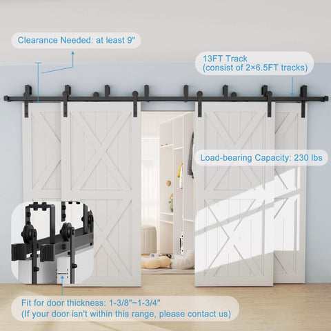 13 Ft Four Door Double Track Bypass Sliding Barn Door Hardware Kit With Four 6.5 Ft Rails, Junction Plates, Spacers And Rollers