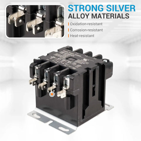 Ultra Durable Heavy Duty 4 Pole Contactor 40 Amp 120 VAC Coil for HVAC Systems, showing strong silver alloy contact points.