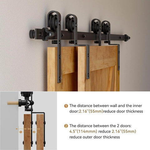 Heavy Duty 8 Foot Sliding Barn Door Hardware Kit For Double Wooden Doors With Single Track And Bypass Floor Guide Black