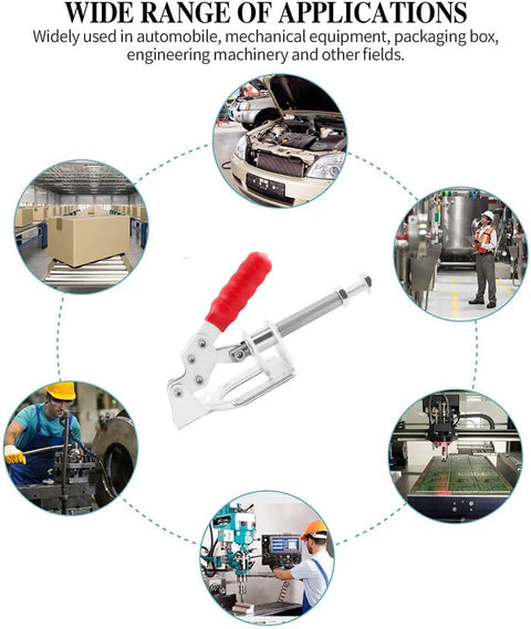 Heavy Duty Toggle Clamp With Quick Release For Woodworking And Welding, Pro Grade Built Tough 600 Lb Push Pull Action, shown with applications