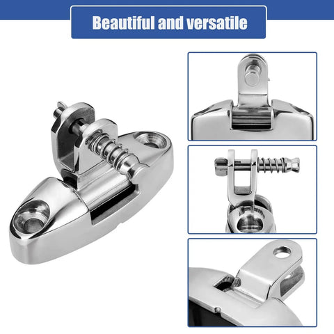 Boat Bimini Top Swivel Deck Hinge With Removable Pin, 180 Degree Adjustable, Solid 316 Stainless Steel, front and close-up views