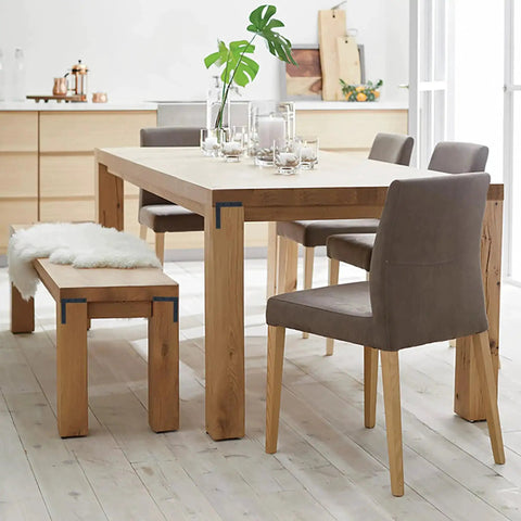 Dining table with Beefy Flat L Brackets For Wood Furniture 6x6 Inch Stainless Steel Mending Plates Matte Black Finish on corners