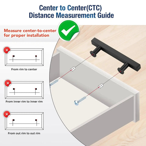 10 Pack Matte Black 3 Inch Hole Center Cabinet Handles installation guide with measure center-to-center instruction.