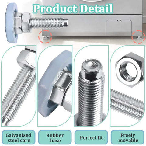 4 Pack Washing Machine Leveling Legs For LG Front Load Washers Galvanized; close-up of adjustable feet with steel core and rubber base