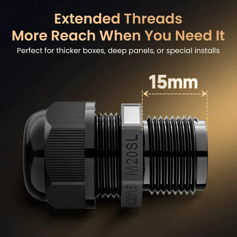 Side view of a M20SL cable gland with extended 15mm threads for secure installation, part of 10 Pack M20SL Long Thread Cable Gland Waterproof IP68