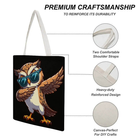 Cool Owl Wearing Sunglasses Canvas Tote Bag For Women Reusable Shoulder Bag For Grocery Shopping Work Daily Travel And Vacation Durable Heavy Duty Tote With Sturdy Handles And Large Capacity with details on craftsmanship and materials