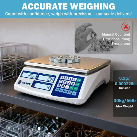 Counting Scale For Inventory And Small Parts With 30kg Capacity And 0.1g Precision showing digital display and metal parts
