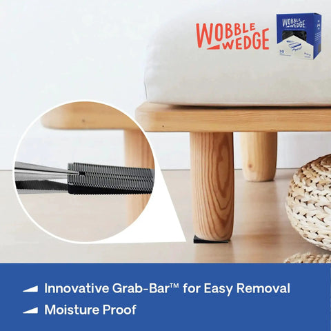 Rigid Black Plastic Shim Wedges fixing wobbly bed leg; interlocking ridges shown; 30 pack for DIY home improvement and furniture leveling.