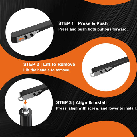 Five Thousand Pound A-Frame Trailer Jack lever, black metal with silver hardware, step-by-step infographic.