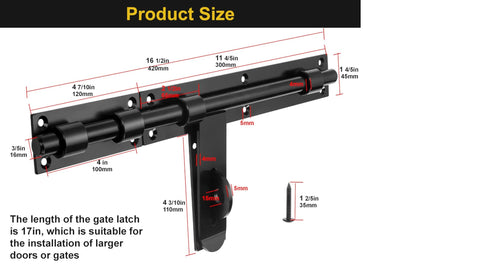 Heavy Duty 17-Inch Carbon Steel Slide Bolt Latch For Barn Doors And Fences Built Tough Security Lock For Warehouses And Entry Gates Left Or Right Hand Mount Weld Or Screw Mount Patent Pending shown with dimensions