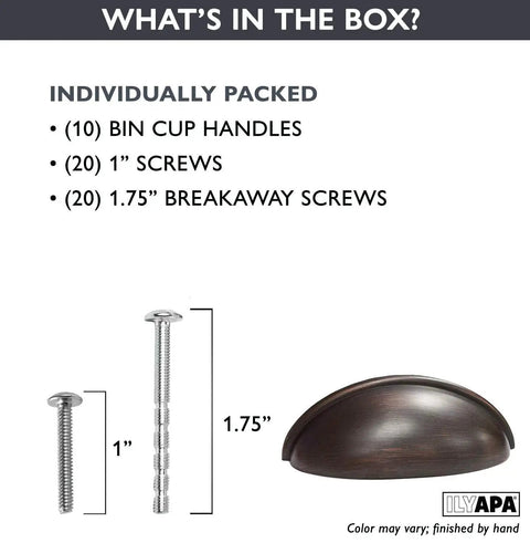 Oil Rubbed Bronze Cabinet Cup Pulls Three And A Half Inch Overall Length 10 Pack Durable Drawer Handles With Optional One Inch And One And Three Quarter Inch Mounting Lengths Ideal For Kitchen And Bath Cabinets And Furniture Projects. Image shows screws and handle details.